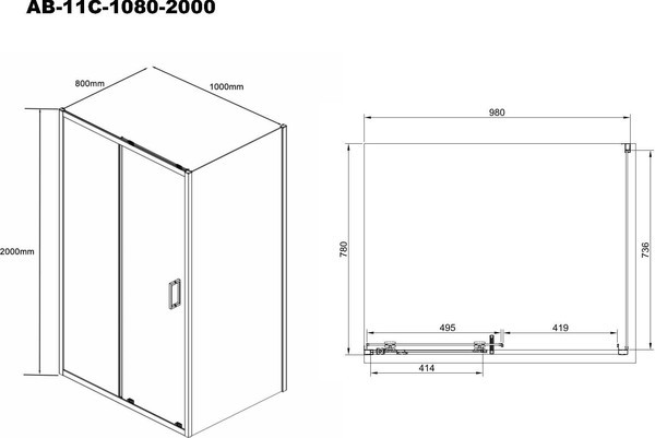 Душевой уголок Aquabath Atlas AB-11C-1080-2000 100x80 стекла прозрачные, профиль оружейная сталь Душевой уголок Aquabath Atlas AB-11C-1080-2000 100x80 стекла прозрачные, профиль оружейная сталь