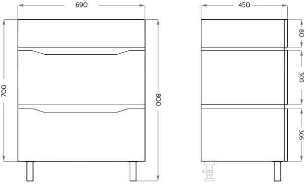 Тумба под умывальник Vako Фрост Слим 70 2 ящика, белая Тумба под умывальник Vako Фрост Слим 70 2 ящика, белая