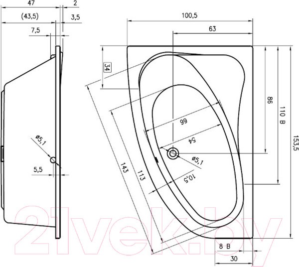 Ванна акриловая Riho Lyra 153 R / BA67005 (с ножками) Ванна акриловая Riho Lyra 153 R / BA67005 (с ножками)