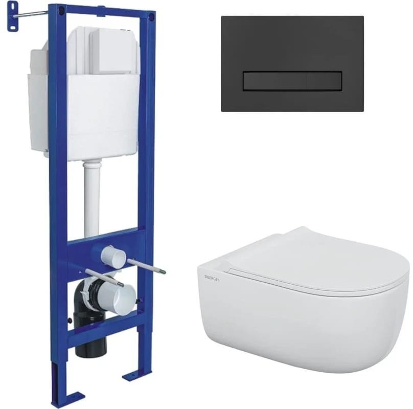 Комплект инсталляции Berges Atom Line с клавишей смыва SoftTouch черный и унитазом EGO XL Rimles с сиденьем Duroplast, микролифт Комплект инсталляции Berges Atom Line с клавишей смыва SoftTouch черный и унитазом EGO XL Rimles с сиденьем Duroplast, микролифт