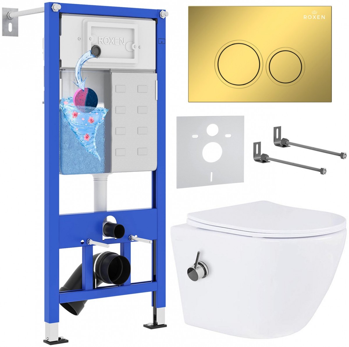 Комплект 6 в 1 Roxen StounFix Dual Fresh 968097 клавиша смыва Santi 410260G + унитаз Roxen Antares Bidet 530185-01X Комплект 6 в 1 Roxen StounFix Dual Fresh 968097 клавиша смыва Santi 410260G + унитаз Roxen Antares Bidet 530185-01X