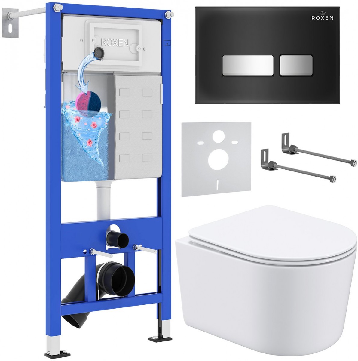 Комплект инсталляции 6 в 1 Roxen StounFix Dual Fresh 965318 с унитазом 530120-01 и клавишей смыва Glass 430280B с аромадозатором Комплект инсталляции 6 в 1 Roxen StounFix Dual Fresh 965318 с унитазом 530120-01 и клавишей смыва Glass 430280B с аромадозатором