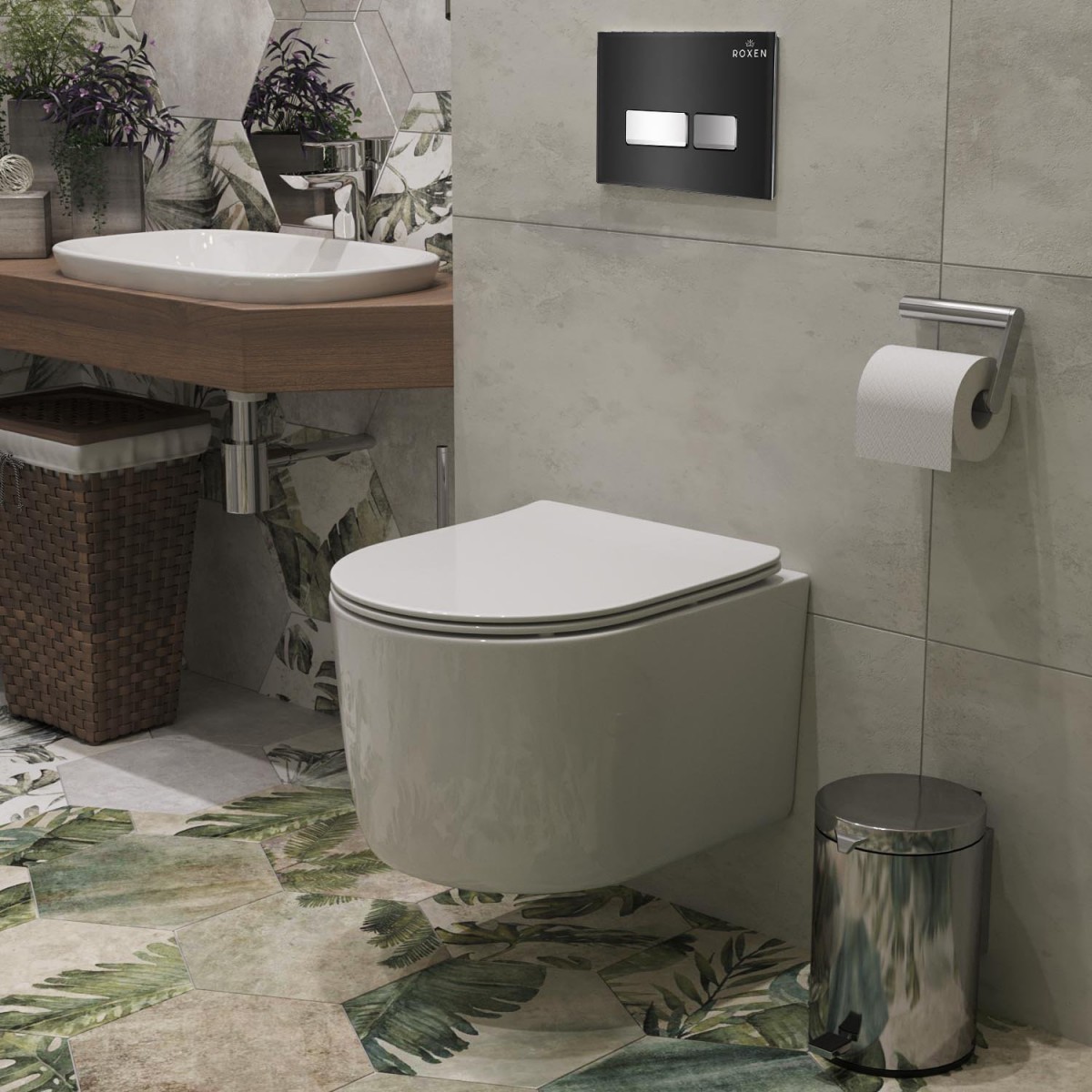 Комплект инсталляции 6 в 1 Roxen StounFix Dual Fresh 965318 с унитазом 530120-01 и клавишей смыва Glass 430280B с аромадозатором Комплект инсталляции 6 в 1 Roxen StounFix Dual Fresh 965318 с унитазом 530120-01 и клавишей смыва Glass 430280B с аромадозатором