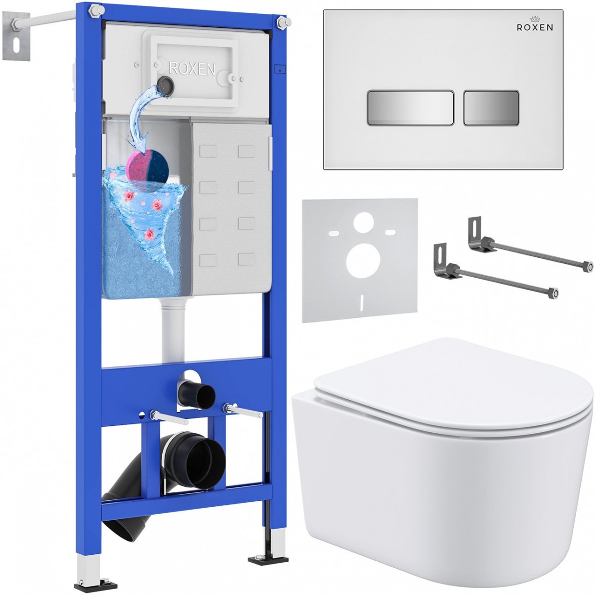 Комплект инсталляции 6 в 1 Roxen StounFix Dual Fresh 964407 с унитазом 530120-01 и клавишей смыва Glass 430280W с аромадозатором Комплект инсталляции 6 в 1 Roxen StounFix Dual Fresh 964407 с унитазом 530120-01 и клавишей смыва Glass 430280W с аромадозатором