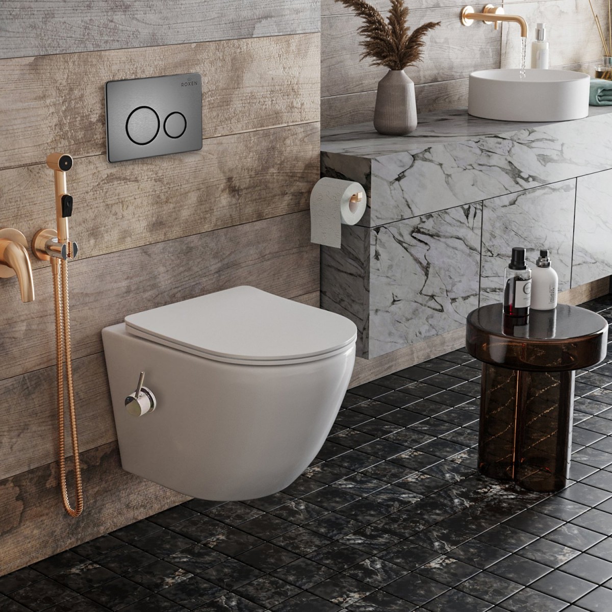 Комплект инсталляции 6 в 1 Roxen StounFix Dual Fresh 962282 с унитазом 530185-01Х и клавишей смыва Steel 420260G с аромадозатором Комплект инсталляции 6 в 1 Roxen StounFix Dual Fresh 962282 с унитазом 530185-01Х и клавишей смыва Steel 420260G с аромадозатором
