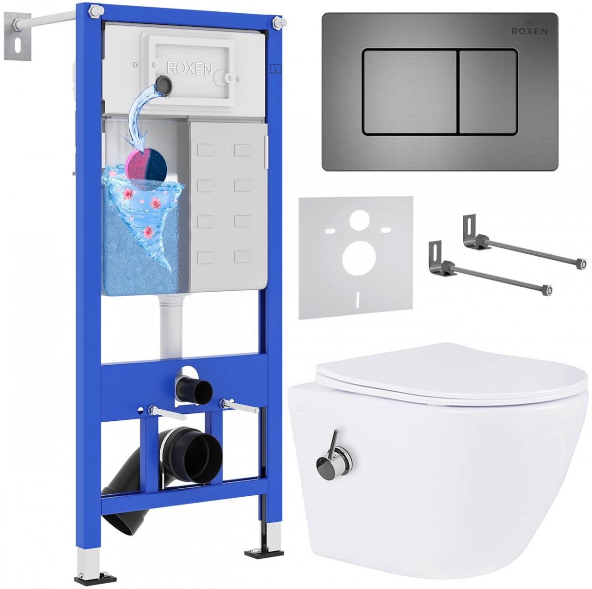 Комплект инсталляции 6 в 1 Roxen StounFix Dual Fresh 960516 с унитазом 530185-01Х и клавишей смыва Steel 420280G с аромадозатором Комплект инсталляции 6 в 1 Roxen StounFix Dual Fresh 960516 с унитазом 530185-01Х и клавишей смыва Steel 420280G с аромадозатором
