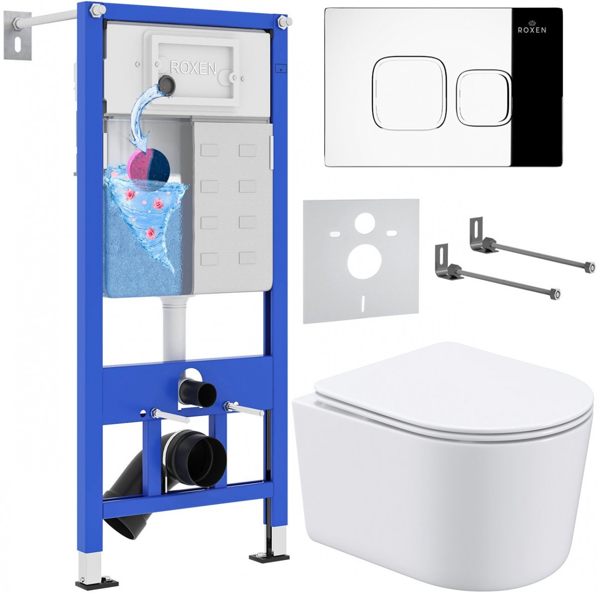 Комплект инсталляции 6 в 1 Roxen StounFix Dual Fresh 918025 с унитазом 530120-01 и клавишей смыва Santi 410280CH с аромадозатором Комплект инсталляции 6 в 1 Roxen StounFix Dual Fresh 918025 с унитазом 530120-01 и клавишей смыва Santi 410280CH с аромадозатором