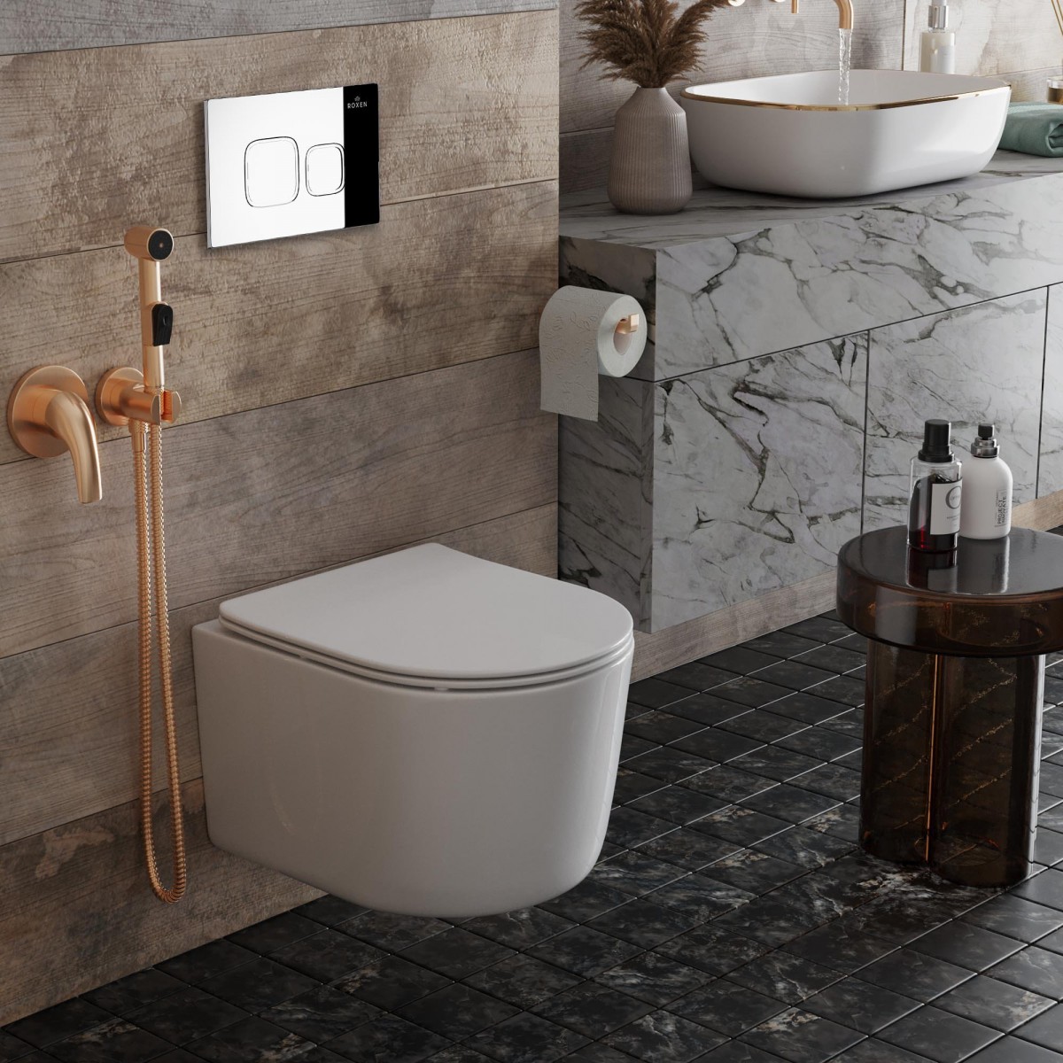 Комплект инсталляции 6 в 1 Roxen StounFix Dual Fresh 918025 с унитазом 530120-01 и клавишей смыва Santi 410280CH с аромадозатором Комплект инсталляции 6 в 1 Roxen StounFix Dual Fresh 918025 с унитазом 530120-01 и клавишей смыва Santi 410280CH с аромадозатором