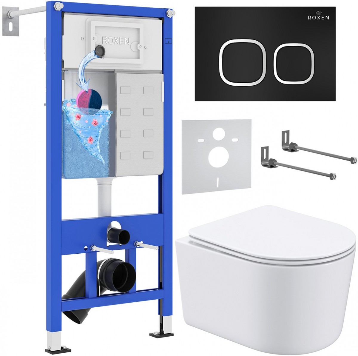 Комплект инсталляции 6 в 1 Roxen StounFix Dual Fresh 917914 с унитазом 530120-01 и клавишей смыва Santi 410280B с аромадозатором Комплект инсталляции 6 в 1 Roxen StounFix Dual Fresh 917914 с унитазом 530120-01 и клавишей смыва Santi 410280B с аромадозатором