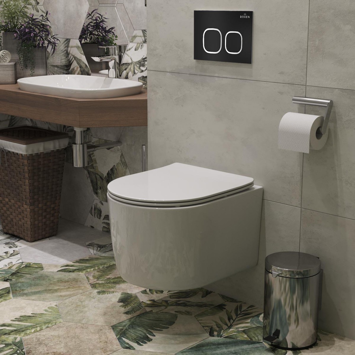 Комплект инсталляции 6 в 1 Roxen StounFix Dual Fresh 917914 с унитазом 530120-01 и клавишей смыва Santi 410280B с аромадозатором Комплект инсталляции 6 в 1 Roxen StounFix Dual Fresh 917914 с унитазом 530120-01 и клавишей смыва Santi 410280B с аромадозатором