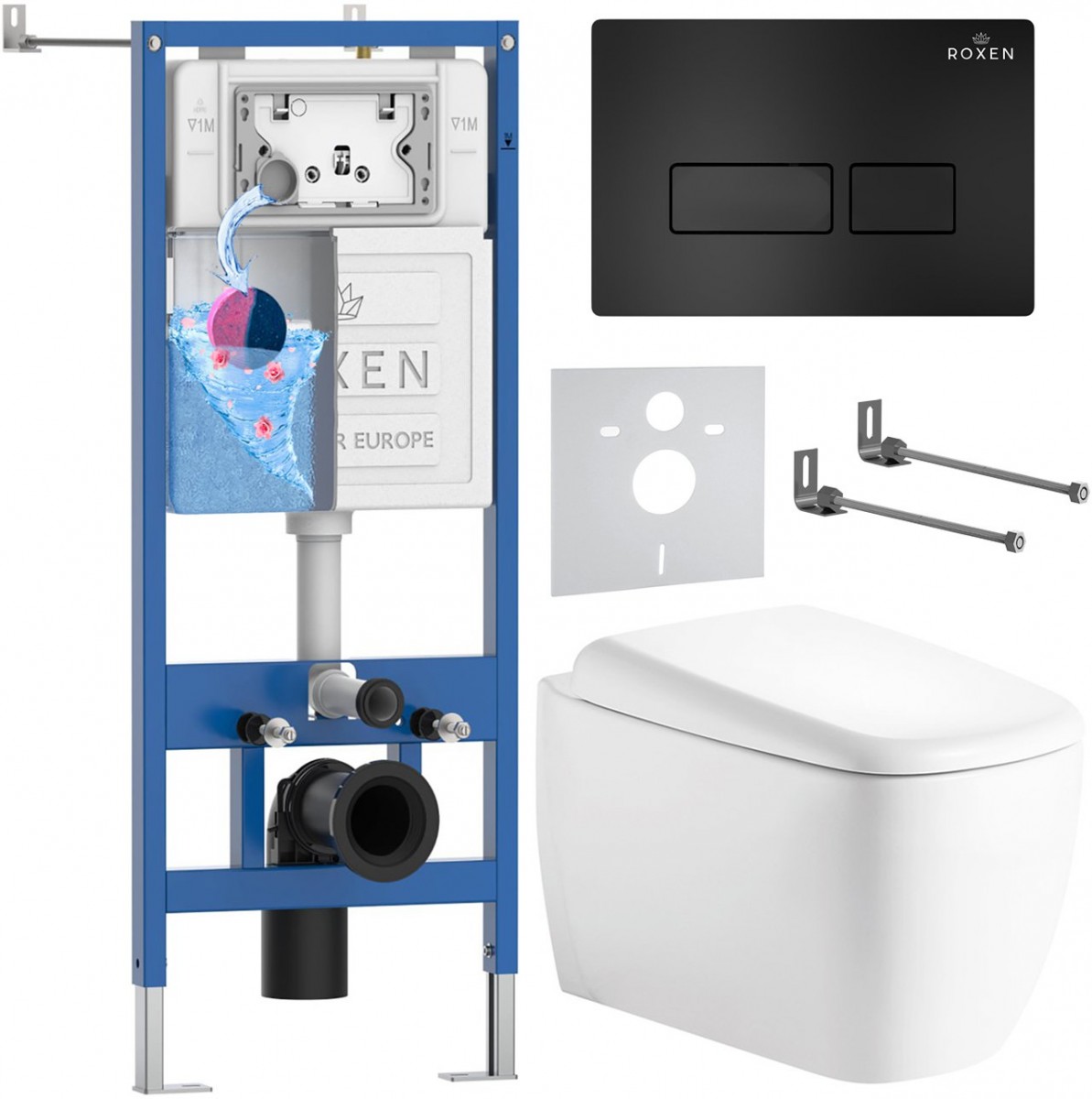 Инсталляция Roxen StounFix Dual Fresh 710200 с унитазом 530220-02 и клавишей смыва Caspia 410280B с аромадозатором Инсталляция Roxen StounFix Dual Fresh 710200 с унитазом 530220-02 и клавишей смыва Caspia 410280B с аромадозатором