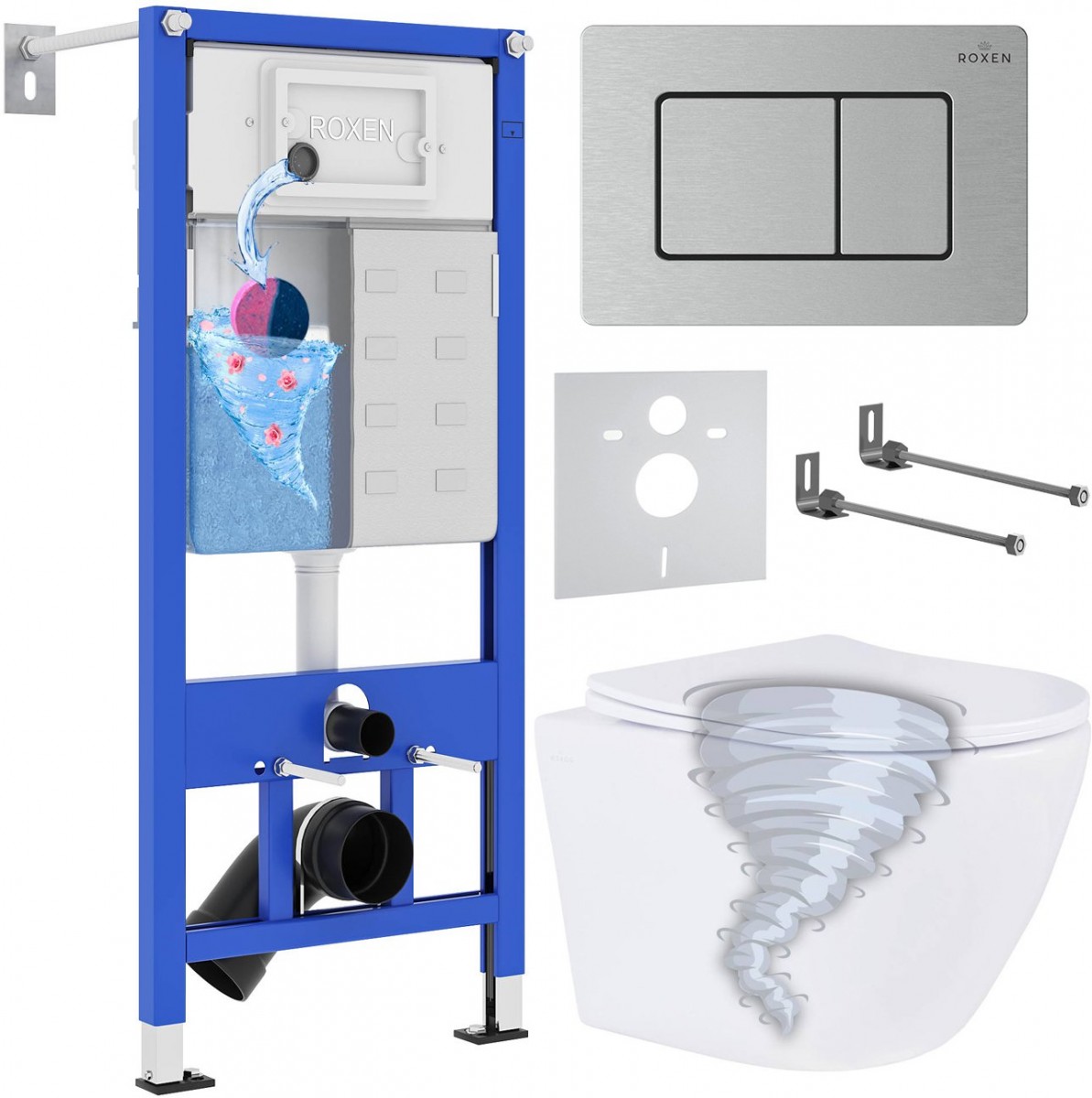Комплект инсталляция Roxen StounFix Dual Fresh 6 в 1 968430 с унитазом Antares Tornado 530205-01 и клавшей смыва Steel 420280S сатин Комплект инсталляция Roxen StounFix Dual Fresh 6 в 1 968430 с унитазом Antares Tornado 530205-01 и клавшей смыва Steel 420280S сатин