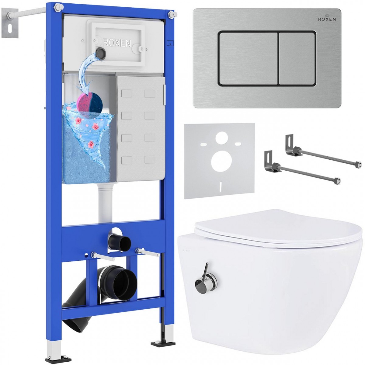 Комплект инсталляция Roxen StounFix Dual Fresh 6 в 1 968424 с унитазом Antares Bidet 530185-01X и клавшей смыва Steel 420280S сатин Комплект инсталляция Roxen StounFix Dual Fresh 6 в 1 968424 с унитазом Antares Bidet 530185-01X и клавшей смыва Steel 420280S сатин