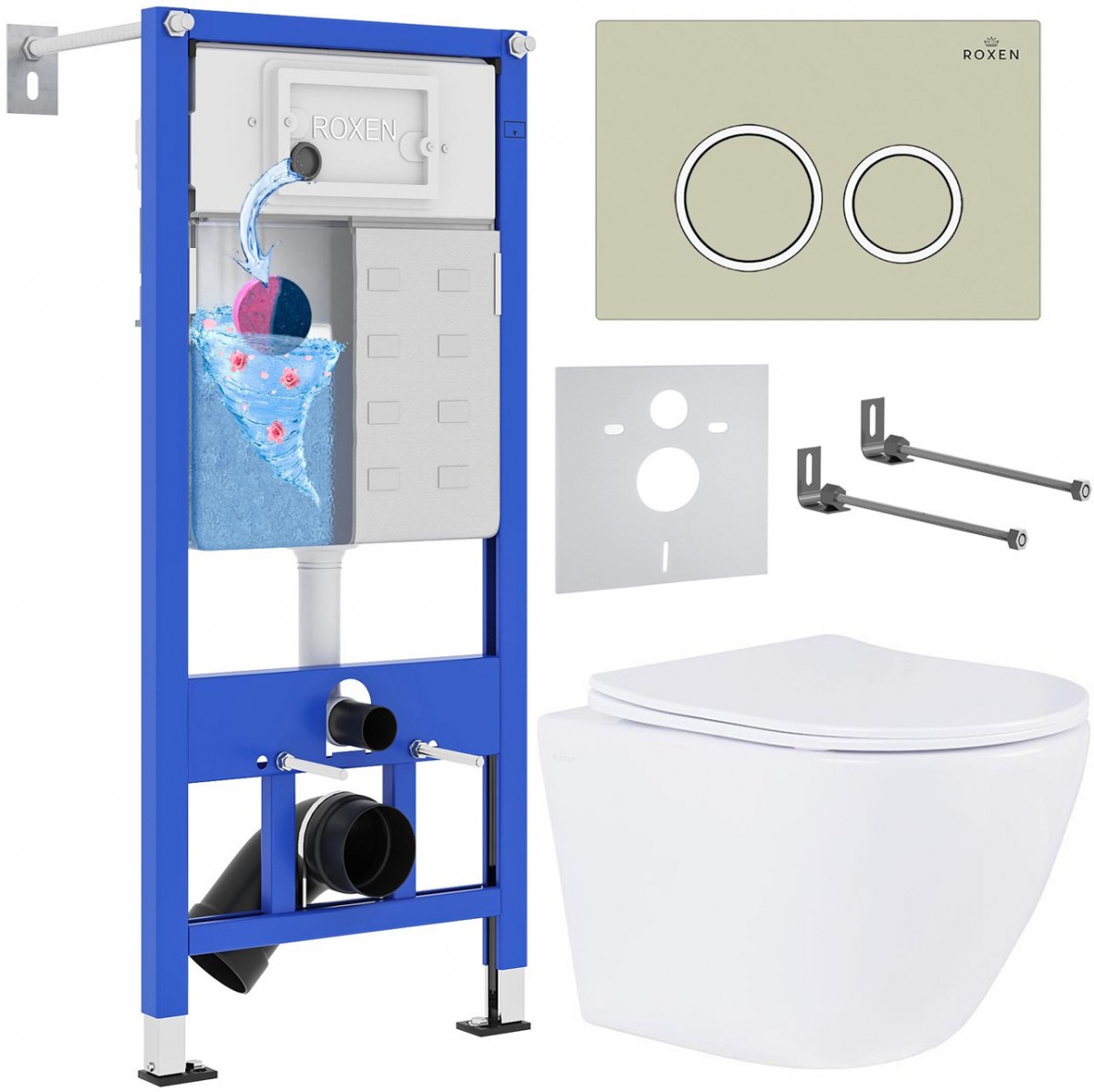 Комплект 6 в 1 Roxen StounFix Dual Fresh 968346 клавиша смыва Santi 410260BG брашированное золото + Antares Tornado 530205-01 Комплект 6 в 1 Roxen StounFix Dual Fresh 968346 клавиша смыва Santi 410260BG брашированное золото + Antares Tornado 530205-01