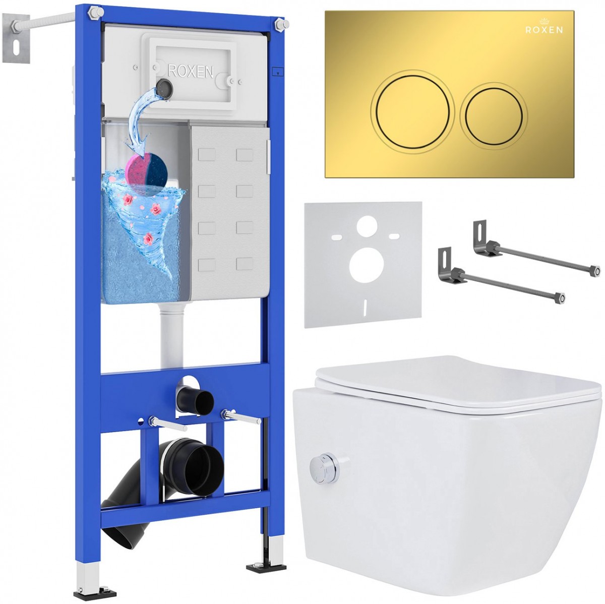 Комплект 6 в 1 Roxen StounFix Dual Fresh 968094 клавиша смыва Santi 410260G + унитаз Roxen Cube 530135-01X Комплект 6 в 1 Roxen StounFix Dual Fresh 968094 клавиша смыва Santi 410260G + унитаз Roxen Cube 530135-01X