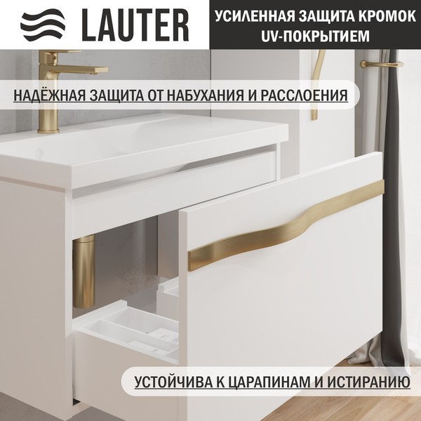 Тумба с умывальником Lauter Eva 69 (белый глянец/матовая золотая сталь/искусственный мрамор) Тумба с умывальником Lauter Eva 69 (белый глянец/матовая золотая сталь/искусственный мрамор)