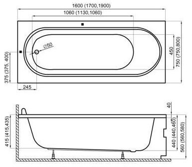 Ванна акриловая Polimat MEDIUM 170x75 с ножками Ванна акриловая Polimat MEDIUM 170x75 с ножками