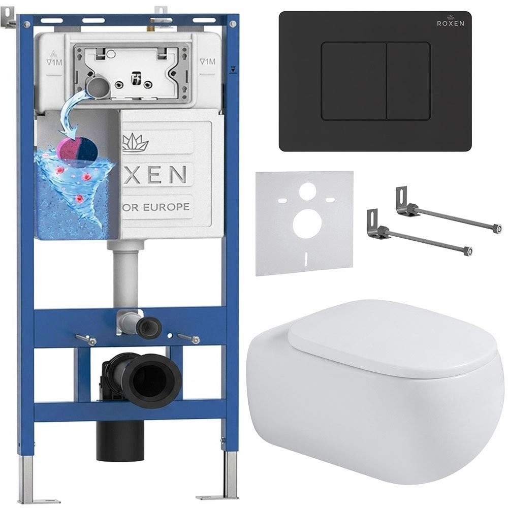 Комплект инсталляции Roxen 6 в 1 710200 с клавишей смыва Roxen Steel 420280BM черный и унитазом Titan 530230-02 Комплект инсталляции Roxen 6 в 1 710200 с клавишей смыва Roxen Steel 420280BM черный и унитазом Titan 530230-02