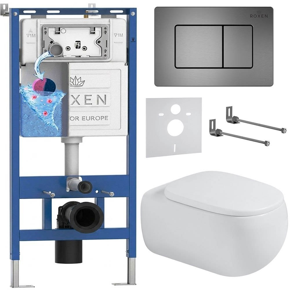 Комплект инсталляции Roxen 6 в 1 710200 с клавишей смыва Roxen Steel 420280G оружейная сталь и унитазом Titan 530230-02 Комплект инсталляции Roxen 6 в 1 710200 с клавишей смыва Roxen Steel 420280G оружейная сталь и унитазом Titan 530230-02