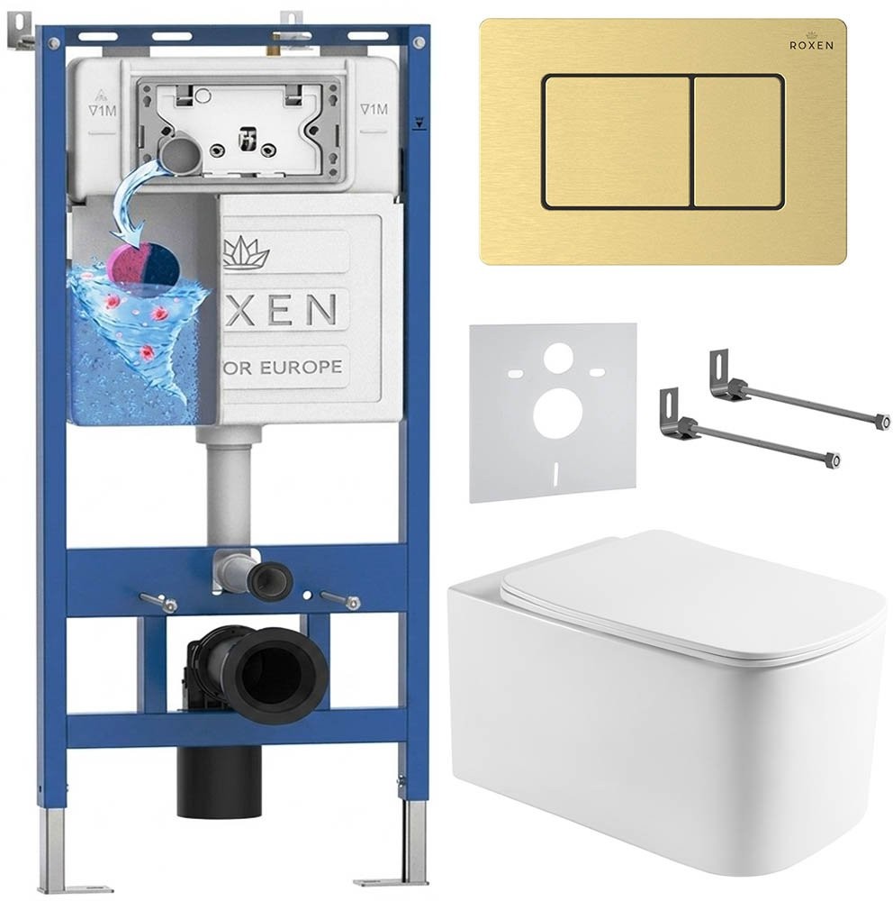 Комплект инсталляции Roxen 6 в 1 710200 с клавишей смыва Roxen Steel 420280GB брашированное золото и унитазом Berg 530235-01 Комплект инсталляции Roxen 6 в 1 710200 с клавишей смыва Roxen Steel 420280GB брашированное золото и унитазом Berg 530235-01