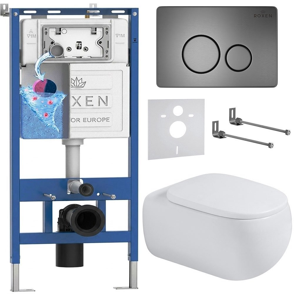 Комплект инсталляции Roxen 6 в 1 710200 с клавишей смыва Roxen Steel 420260G оружейная сталь и унитазом Titan 530230-02 Комплект инсталляции Roxen 6 в 1 710200 с клавишей смыва Roxen Steel 420260G оружейная сталь и унитазом Titan 530230-02