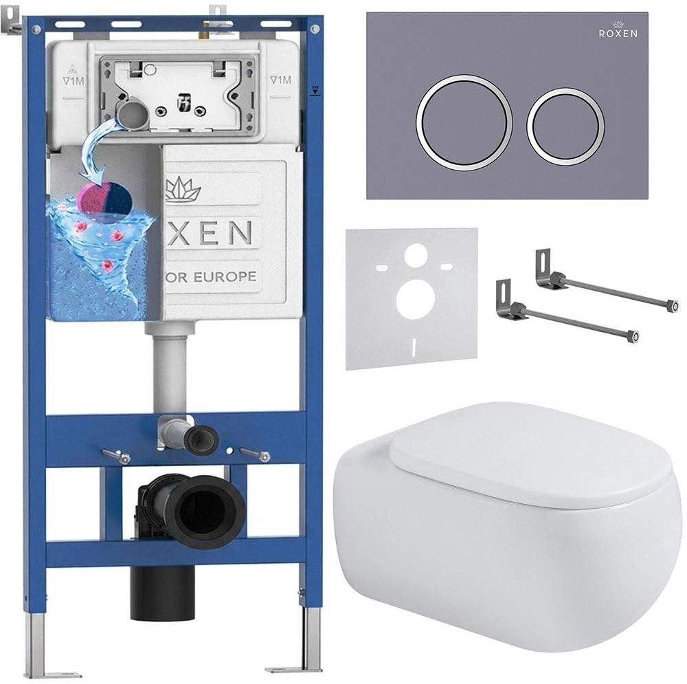 Комплект инсталляции Roxen 6 в 1 710200 с клавишей смыва Roxen Santi 410260DG серый и унитазом Titan 530230-02 Комплект инсталляции Roxen 6 в 1 710200 с клавишей смыва Roxen Santi 410260DG серый и унитазом Titan 530230-02