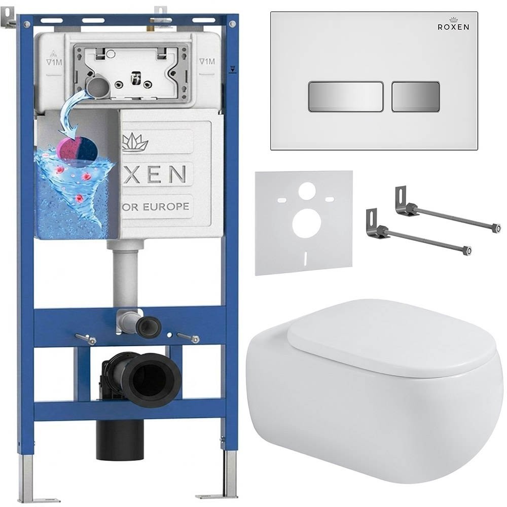 Комплект инсталляции Roxen 6 в 1 710200 с клавишей смыва Roxen Glass 430280W белый/хром и унитазом Titan 530230-02 Комплект инсталляции Roxen 6 в 1 710200 с клавишей смыва Roxen Glass 430280W белый/хром и унитазом Titan 530230-02