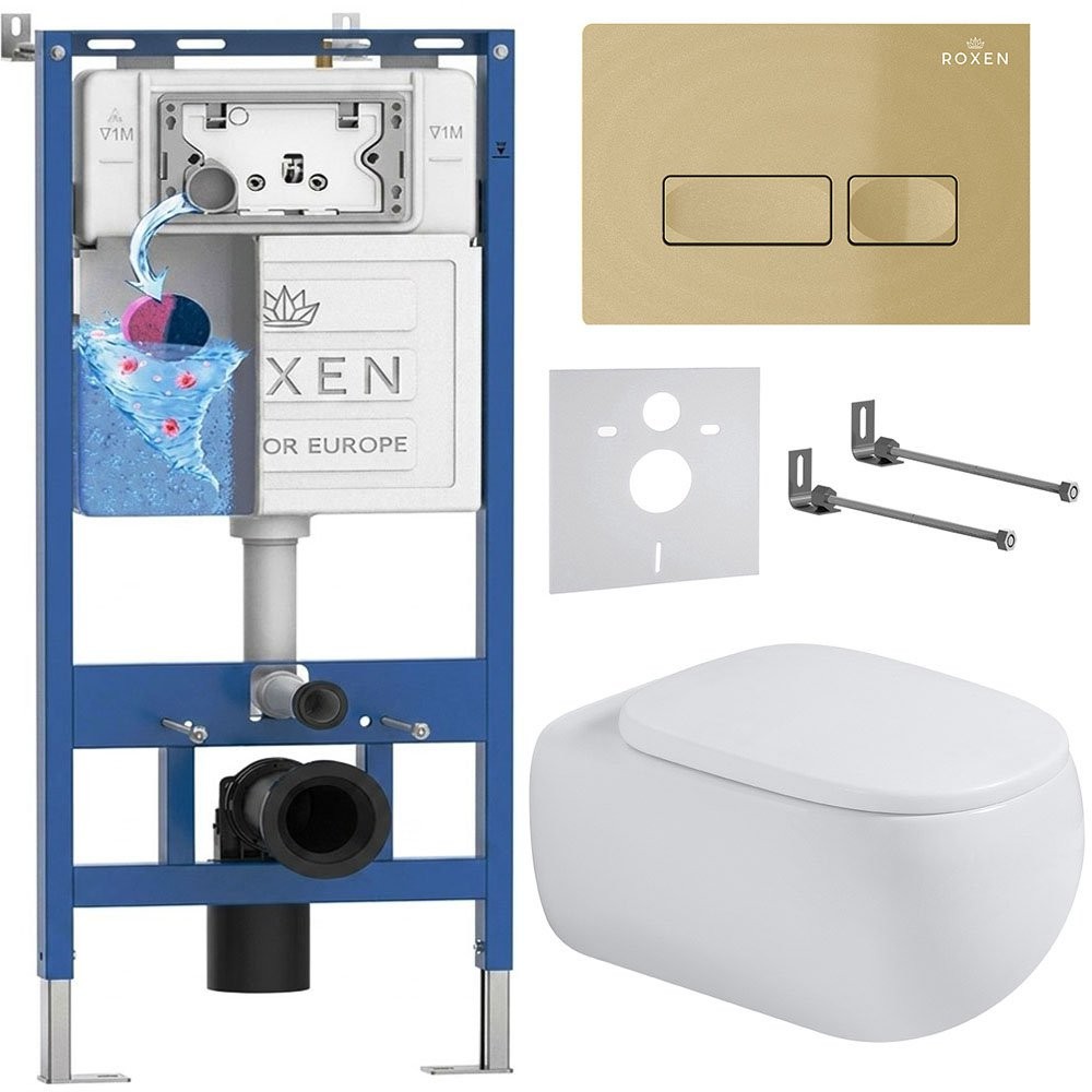Комплект инсталляции Roxen 6 в 1 710200 с клавишей смыва Roxen Caspia 410280GB золото и унитазом Titan 530230-02 Комплект инсталляции Roxen 6 в 1 710200 с клавишей смыва Roxen Caspia 410280GB золото и унитазом Titan 530230-02