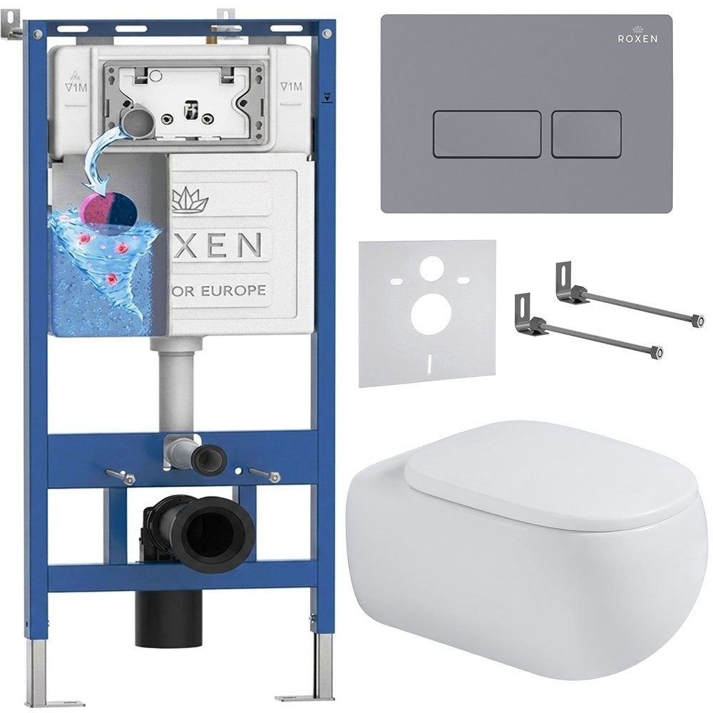 Комплект инсталляции Roxen 6 в 1 710200 с клавишей смыва Roxen Caspia 410280DG серый бетон и унитазом Titan 530230-02 Комплект инсталляции Roxen 6 в 1 710200 с клавишей смыва Roxen Caspia 410280DG серый бетон и унитазом Titan 530230-02