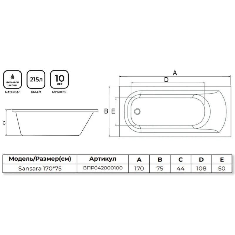 Ванна акриловая Alba Spa Sansara 170x75 Ванна акриловая Alba Spa Sansara 170x75