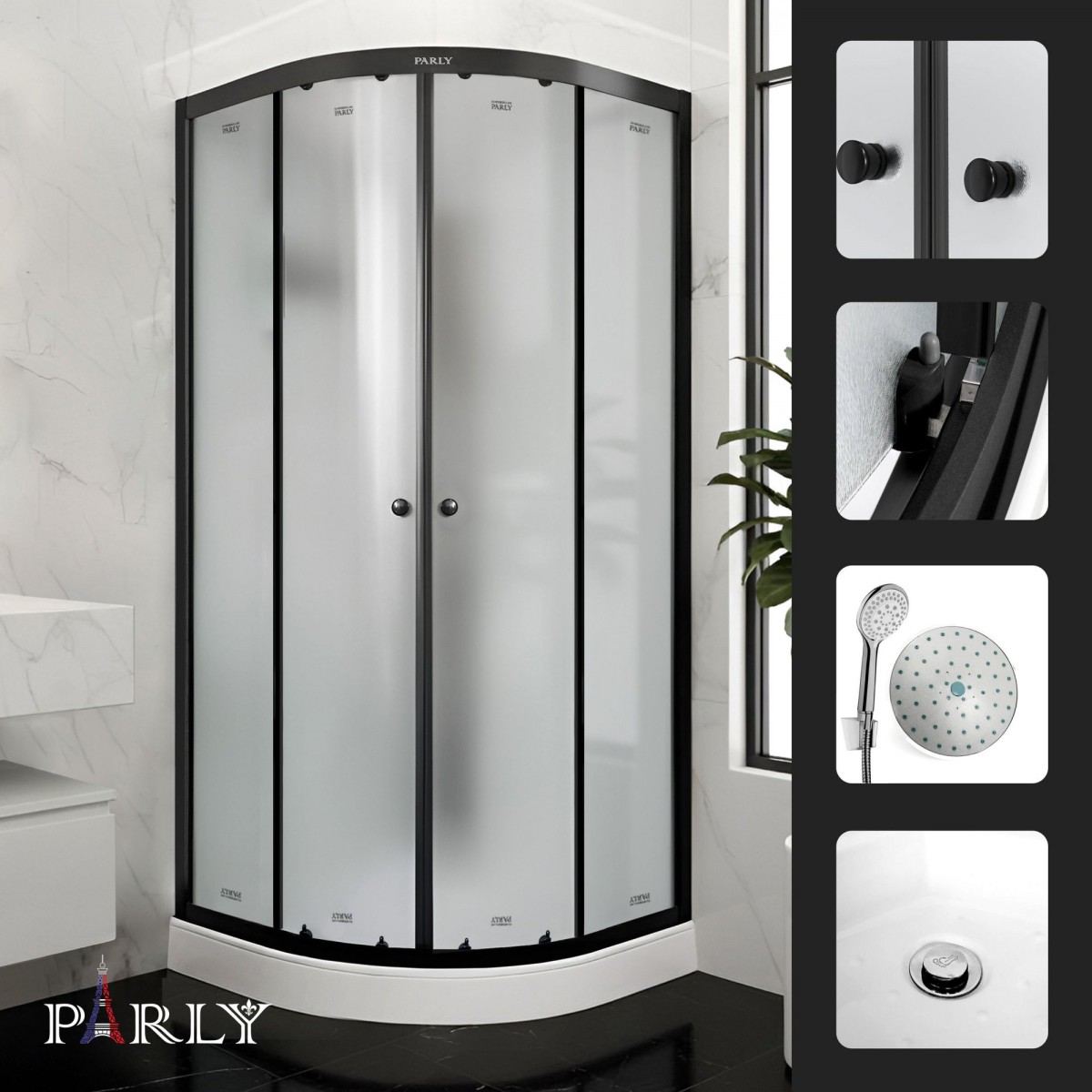 Душевая кабина Parly BETT B931 90x90 низкий поДон, стекла матовые, профиль черный Душевая кабина Parly BETT B931 90x90 низкий поДон, стекла матовые, профиль черный