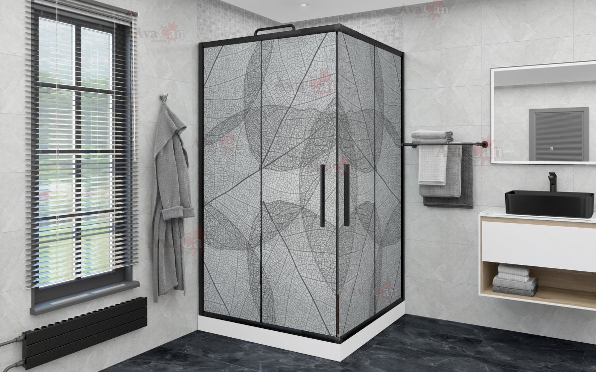 Душевой уголок Avacan KB 100-110 МТ AVA 100x100 стекла матовые с рисунком, профиль черный Душевой уголок Avacan KB 100-110 МТ AVA 100x100 стекла матовые с рисунком, профиль черный