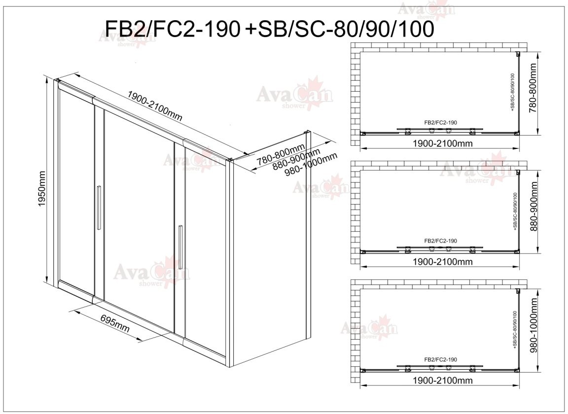 Душевой уголок Avacan FB2 190-210 + SB80 MT AVA 190-210x80 стекла матовые с рисунком, профиль черный Душевой уголок Avacan FB2 190-210 + SB80 MT AVA 190-210x80 стекла матовые с рисунком, профиль черный