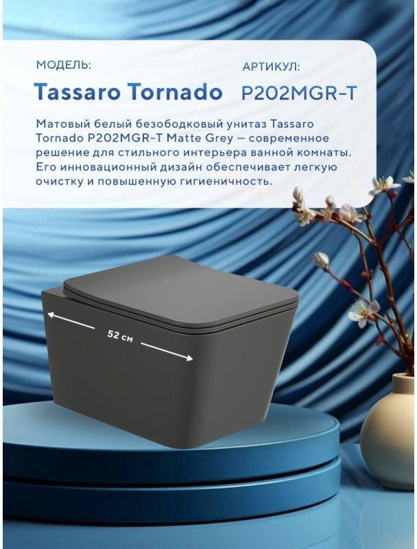 Унитаз подвесной Amore di Mare Tassaro Tornado P202MGR-T 36x52 сиденье дюропласт, микролифт, серый матовый Унитаз подвесной Amore di Mare Tassaro Tornado P202MGR-T 36x52 сиденье дюропласт, микролифт, серый матовый