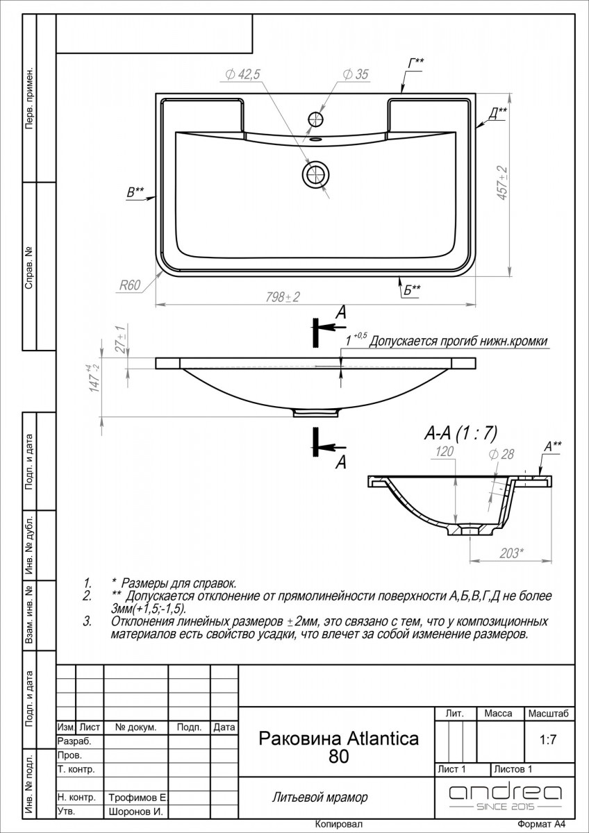 Умывальник Andrea Atlantica 800 80x45,5 белый Умывальник Andrea Atlantica 800 80x45,5 белый