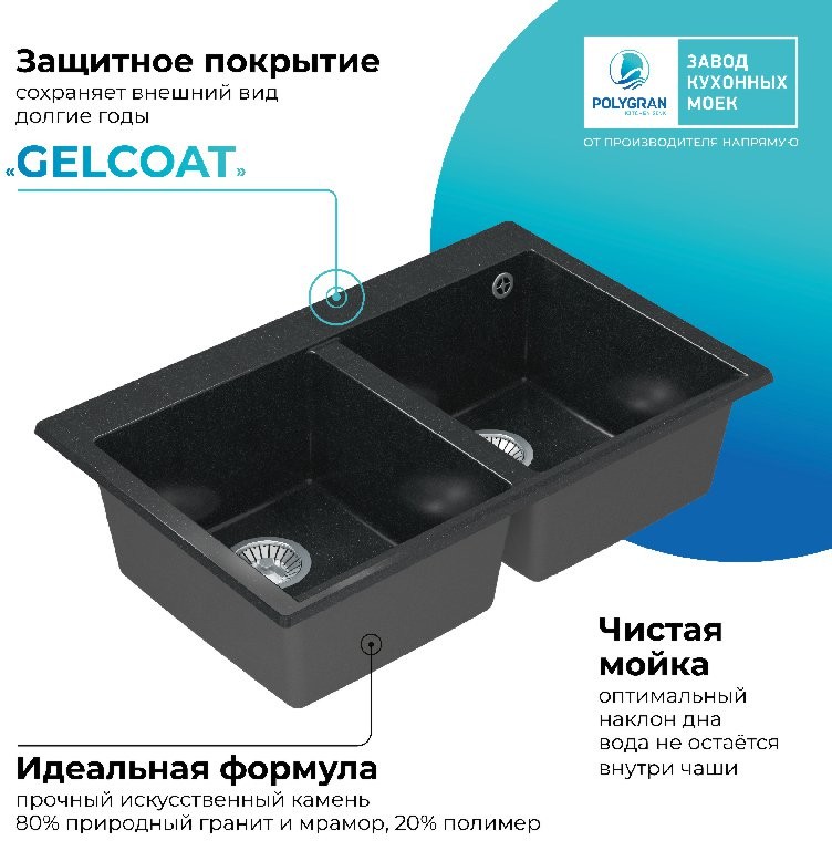 Мойка кухонная Polygran Brig 790 79x50 черный металлик Мойка кухонная Polygran Brig 790 79x50 черный металлик