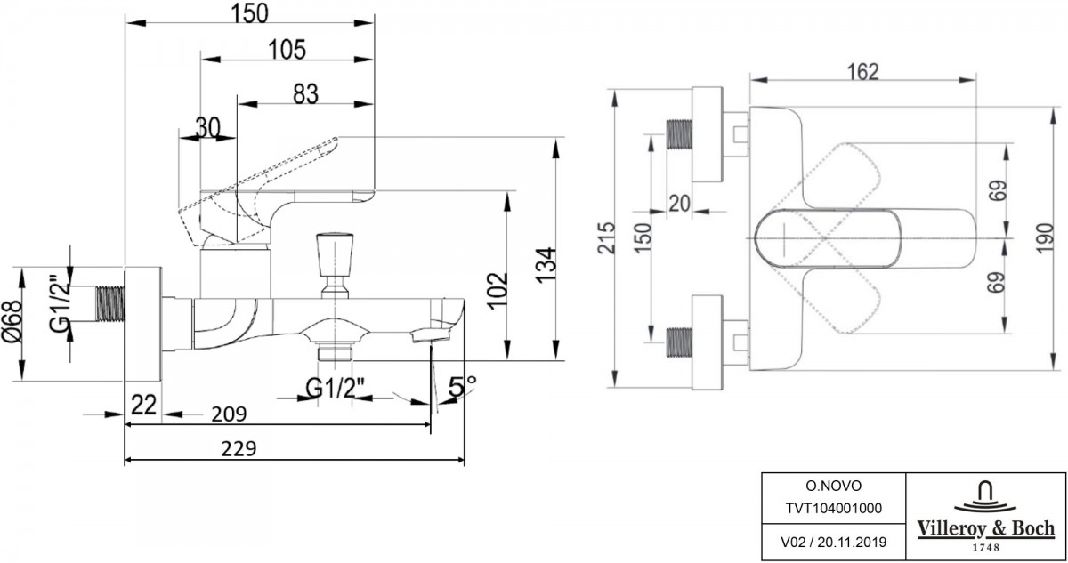 Смеситель для ванны Villeroy&Boch O.Novo TVT10400100061 Смеситель для ванны Villeroy&Boch O.Novo TVT10400100061