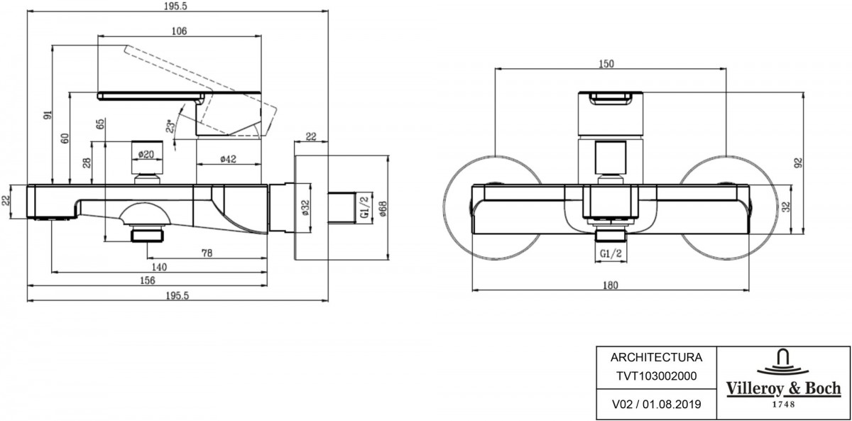 Смеситель для ванны Villeroy&Boch Architectura TVT10300200061 Смеситель для ванны Villeroy&Boch Architectura TVT10300200061