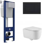 Комплект инсталляции Berges ATOM 410 с клавишей смыва Atom черная и унитазом Tornas Rimless 53