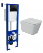 Комплект инсталляции Berges Атом 410 с клавишей смыва черная Soft Touch и унитазом FLOE S Rimless 51 с сиденьем Floe S Slim SO