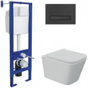 Комплект унитаз Berges FLOE S Rimless + инсталляция Berges Atom Line + клавиша смыва черная Soft Touch