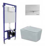 Комплект инсталляции Berges NOVUM 525 с подвесным унитазом Floe Rimless + сиденье дюропласт Floe Slim SO + клавиша смыва F3, глянцевый хром