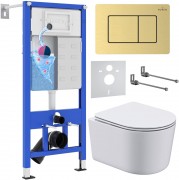 Комплект инсталляция Roxen StounFix Dual Fresh 6 в 1 968480 с унитазом Simple Compact 530120-01 и клавишей смыва Steel 420280GB брашированное золото