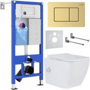 Комплект инсталляция Roxen StounFix Dual Fresh 6 в 1 968472 с унитазом Cube Bidet 530135-01X и клавишей смыва Steel 420280GB брашированное золото