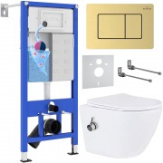 Комплект инсталляция Roxen StounFix Dual Fresh 6 в 1 968457 с унитазом Antares Bidet 530185-01X и клавишей смыва Steel 420280GB брашированное золото